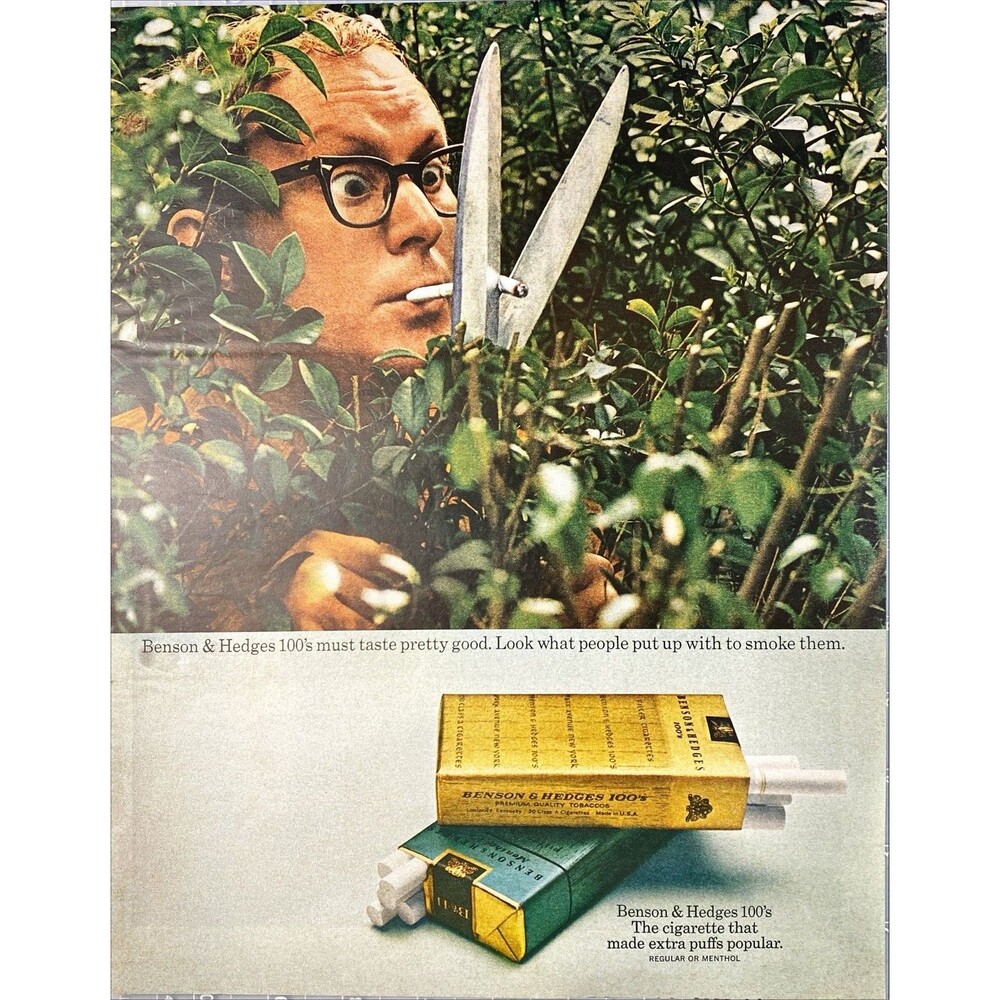 Benson & Hedges 100's Cigarettes"Taste Good- Look what people put up with"Ad '70